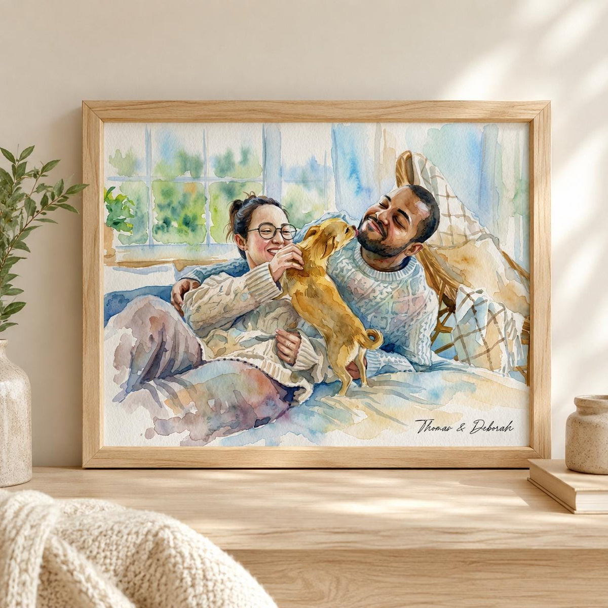 Custom Couple and Pet Watercolor Portrait From Photo, Personalized Dog Family Art, Anniversary Gift for Couple