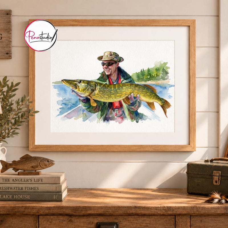 Custom Fishing Watercolor Portrait From Photo, Personalized Angler Gift, Freshwater Fisherman Art, Lake House Decor