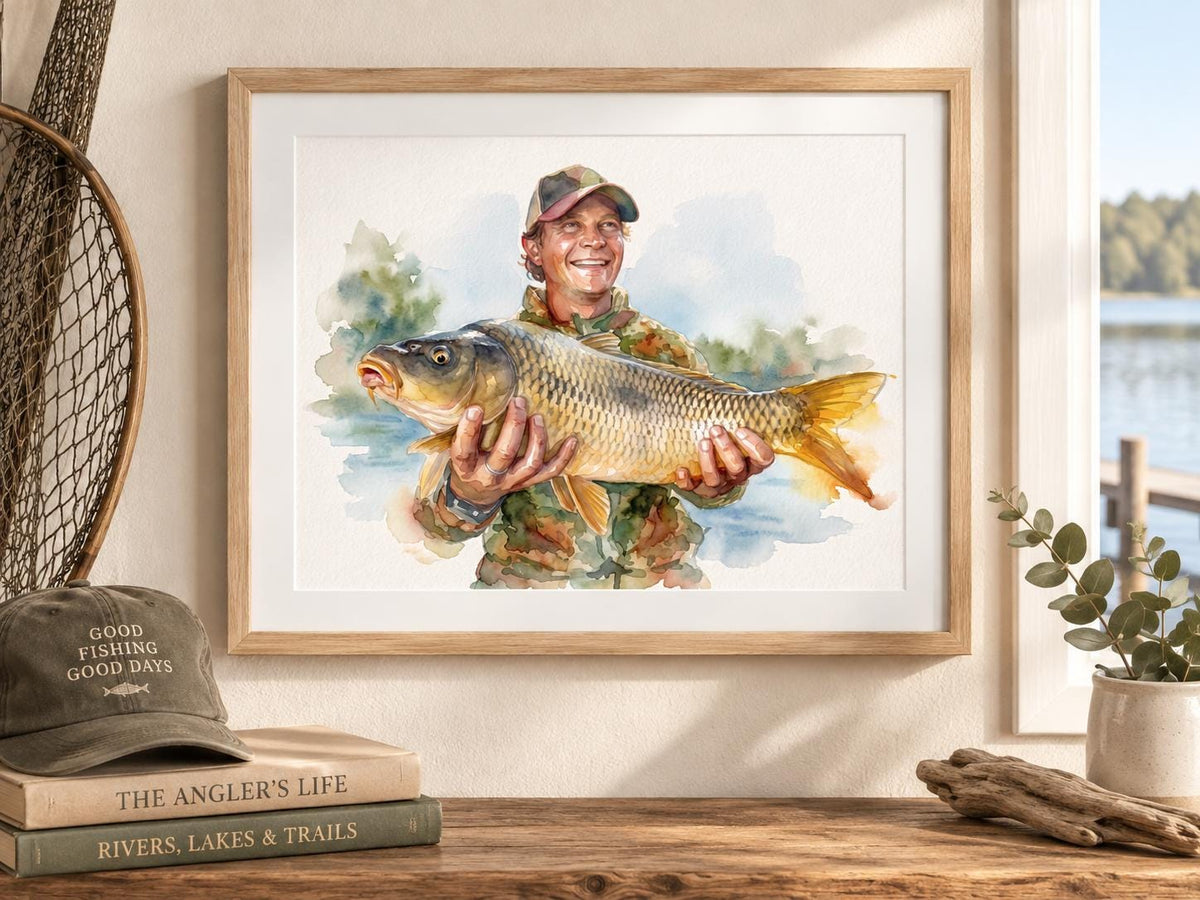 Custom Freshwater Fishing Watercolor Portrait From Photo, Father Son Fishing Gift, Lake Angler Art, Personalized Fisherman Keepsake