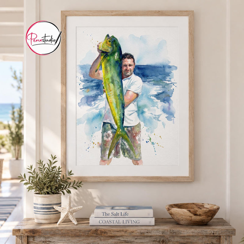 Custom Big Catch Fishing Watercolor Portrait From Photo, Personalized Fisherman Gift, Trophy Fish Art, Angler Wall Decor
