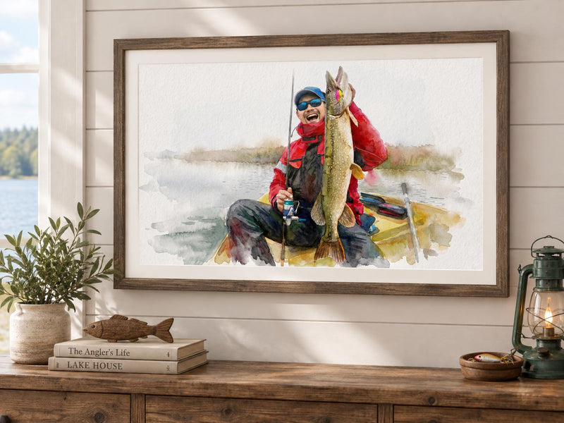 Custom Fishing Watercolor Portrait From Photo, Personalized Angler Gift, Freshwater Fisherman Art, Lake House Decor