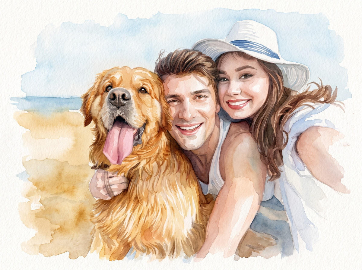Custom Couple and Pet Watercolor Portrait From Photo, Personalized Dog Family Art, Anniversary Gift for Couple