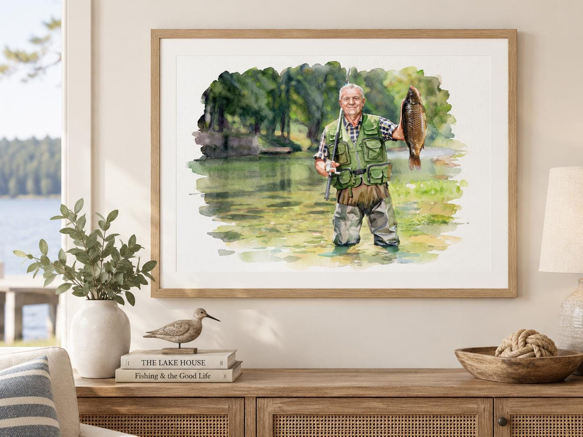 Custom Freshwater Fishing Watercolor Portrait From Photo, Father Son Fishing Gift, Lake Angler Art, Personalized Fisherman Keepsake