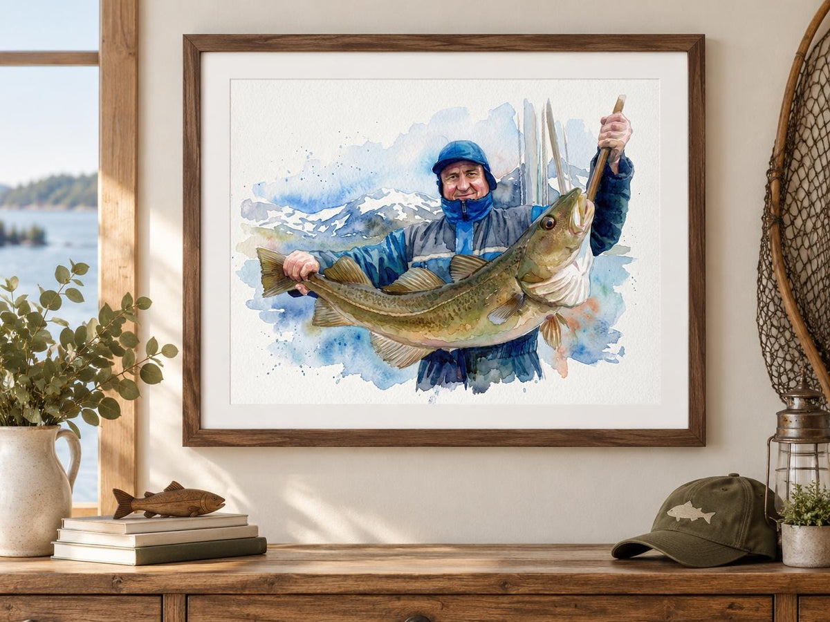 Custom Freshwater Fishing Watercolor Portrait From Photo, Father Son Fishing Gift, Lake Angler Art, Personalized Fisherman Keepsake