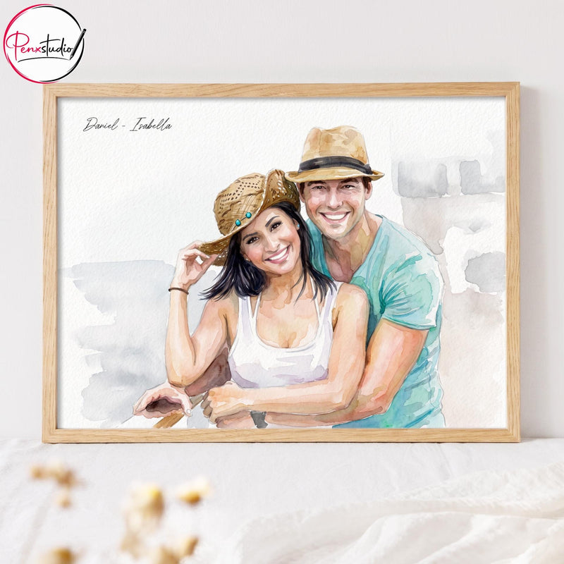 Custom Travel Couple Watercolor Portrait From Photo, Personalized Vacation Memory Art, Anniversary Gift for Couples