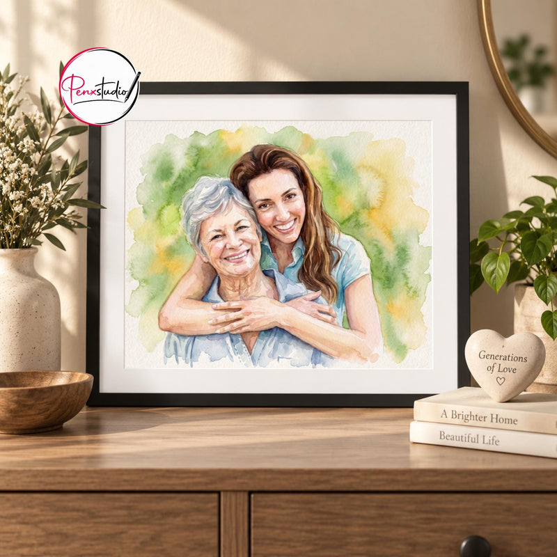 Custom Mom Watercolor Portrait From Photo, Personalized Mother Daughter or Mother Son Gift, Mother's Day Family Keepsake