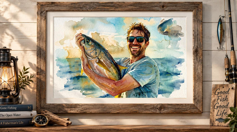 Custom Big Catch Fishing Watercolor Portrait From Photo, Personalized Fisherman Gift, Trophy Fish Art, Angler Wall Decor