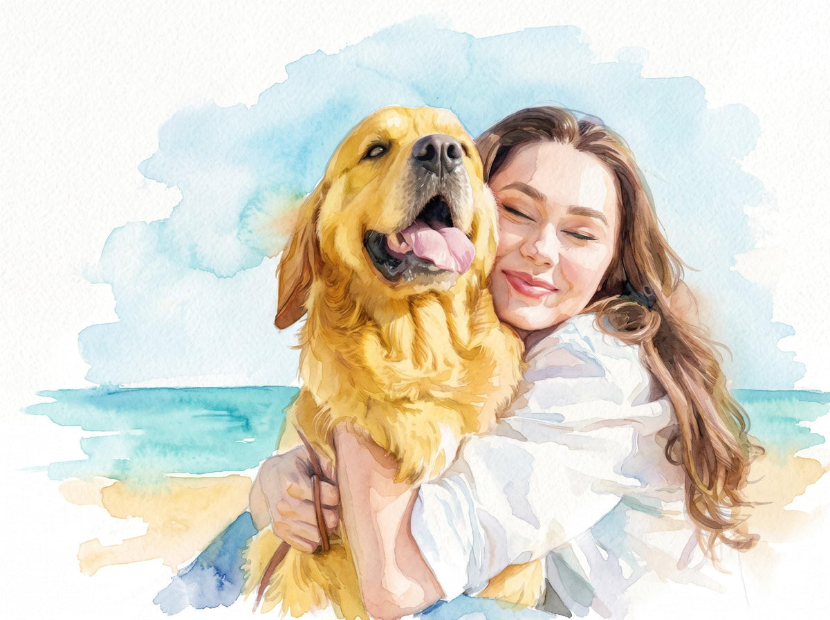 Custom Couple and Pet Watercolor Portrait From Photo, Personalized Dog Family Art, Anniversary Gift for Couple