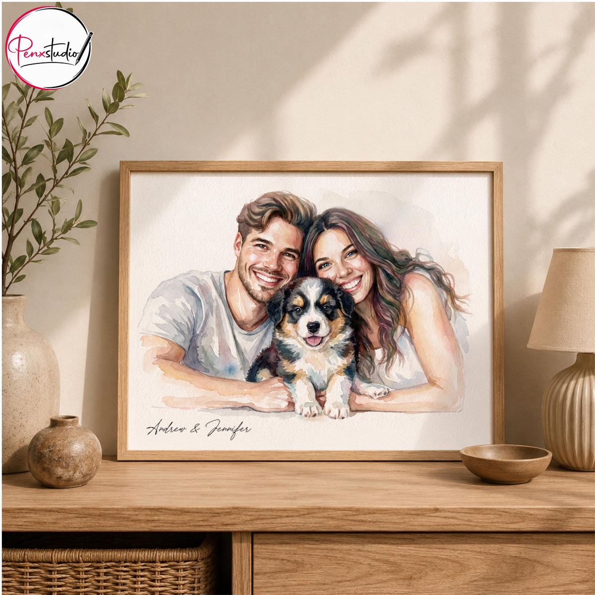 Custom Couple and Pet Watercolor Portrait From Photo, Personalized Dog Family Art, Anniversary Gift for Couple
