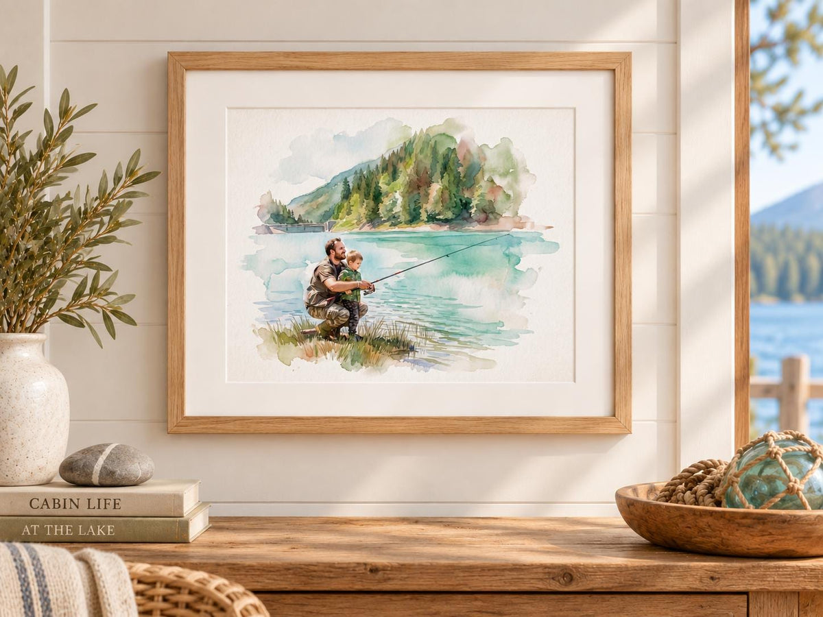 Custom Freshwater Fishing Watercolor Portrait From Photo, Father Son Fishing Gift, Lake Angler Art, Personalized Fisherman Keepsake