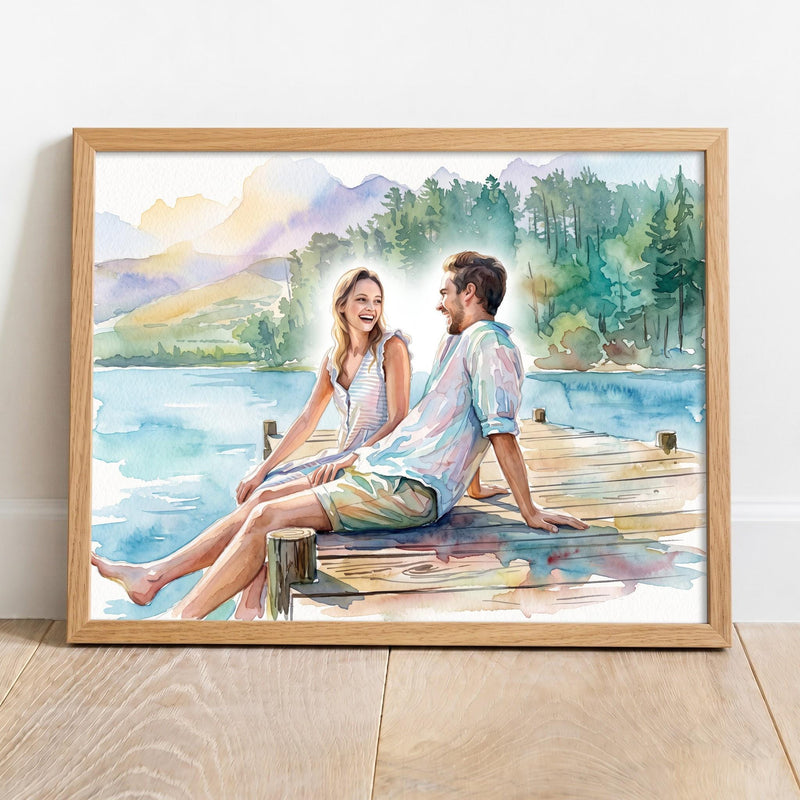 Custom Travel Couple Watercolor Portrait From Photo, Personalized Vacation Memory Art, Anniversary Gift for Couples