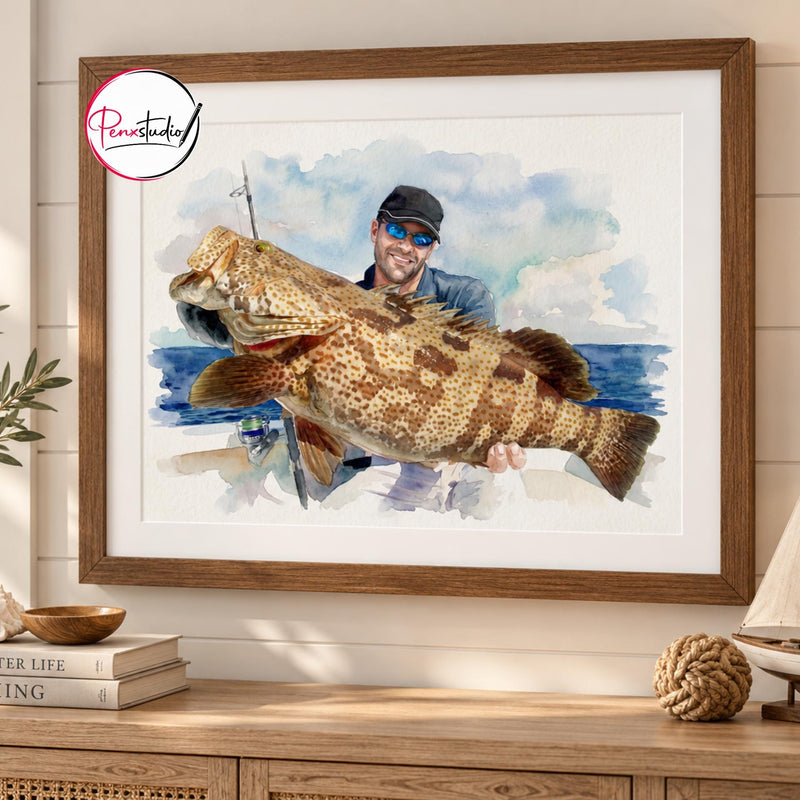 Custom Saltwater Fishing Watercolor Portrait From Photo, Personalized Deep Sea Fisherman Gift, Offshore Angler Art, Boat Fishing Decor