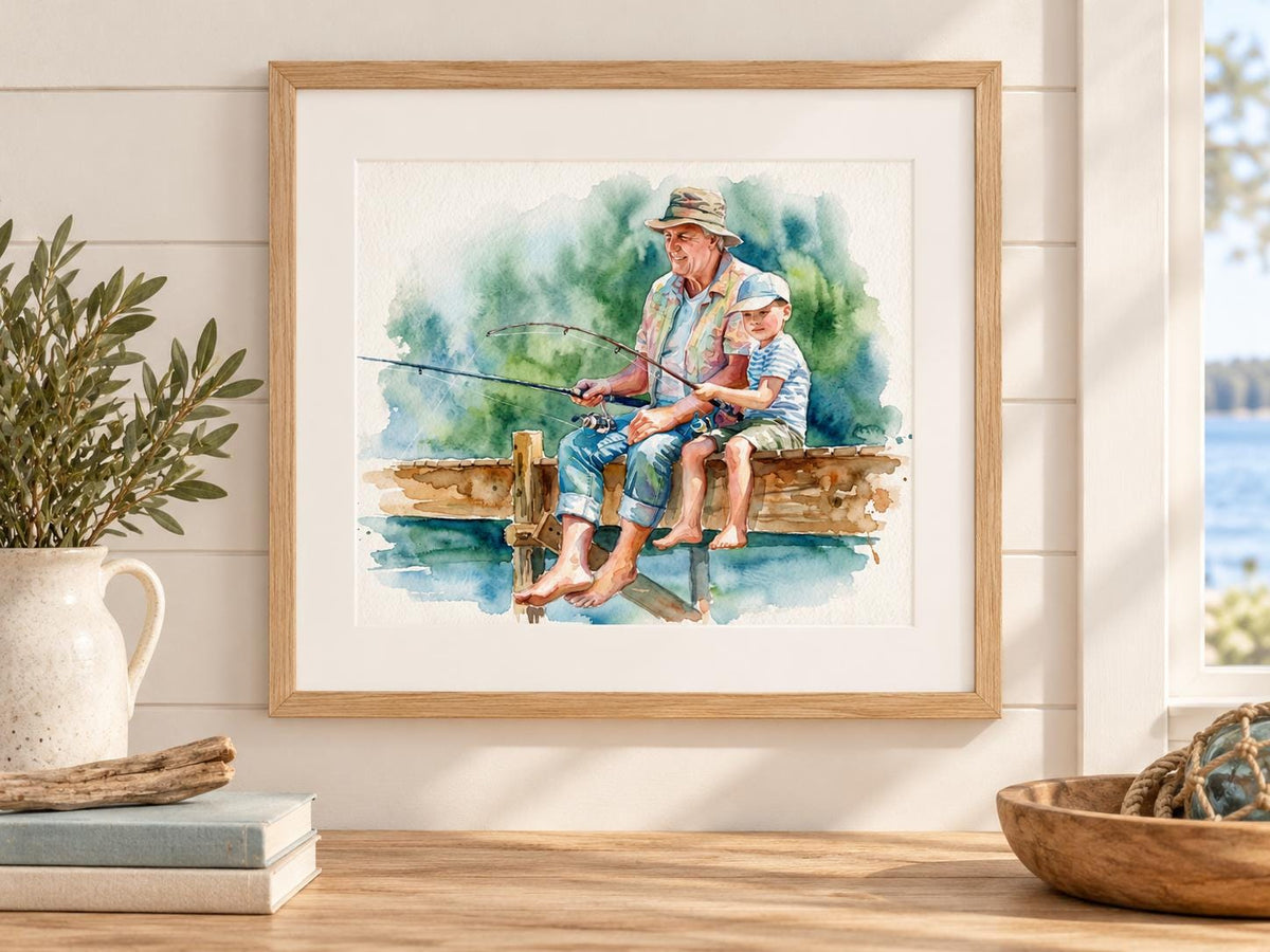 Custom Freshwater Fishing Watercolor Portrait From Photo, Father Son Fishing Gift, Lake Angler Art, Personalized Fisherman Keepsake