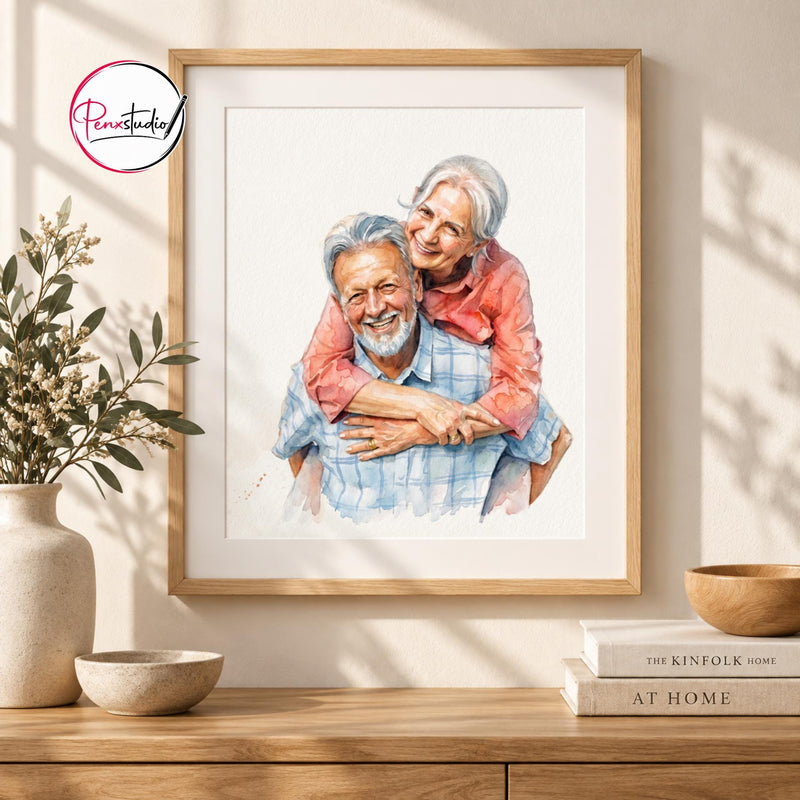 Custom Senior Couple Watercolor Portrait From Photo, Personalized Anniversary Gift for Parents, Grandparents Couple Wall Art