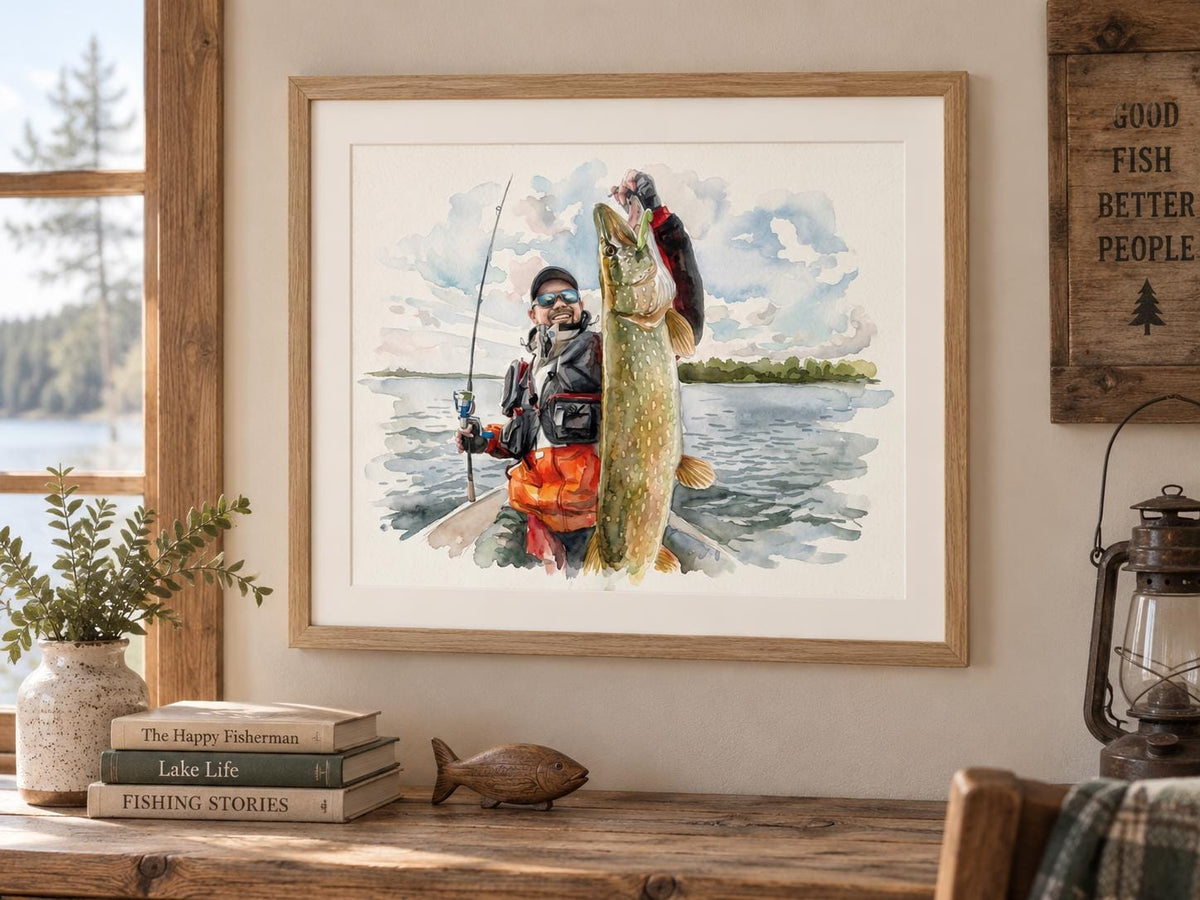 Custom Freshwater Fishing Watercolor Portrait From Photo, Father Son Fishing Gift, Lake Angler Art, Personalized Fisherman Keepsake