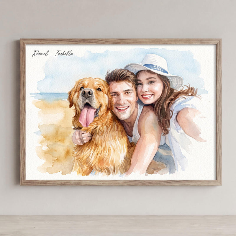Custom Couple and Pet Watercolor Portrait From Photo, Personalized Dog Family Art, Anniversary Gift for Couple