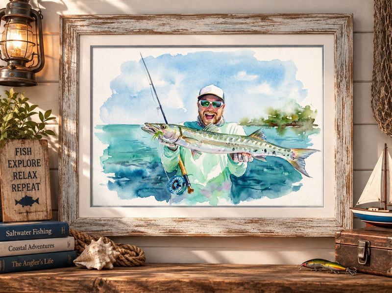 Custom Saltwater Fishing Watercolor Portrait From Photo, Personalized Deep Sea Fisherman Gift, Offshore Angler Art, Boat Fishing Decor