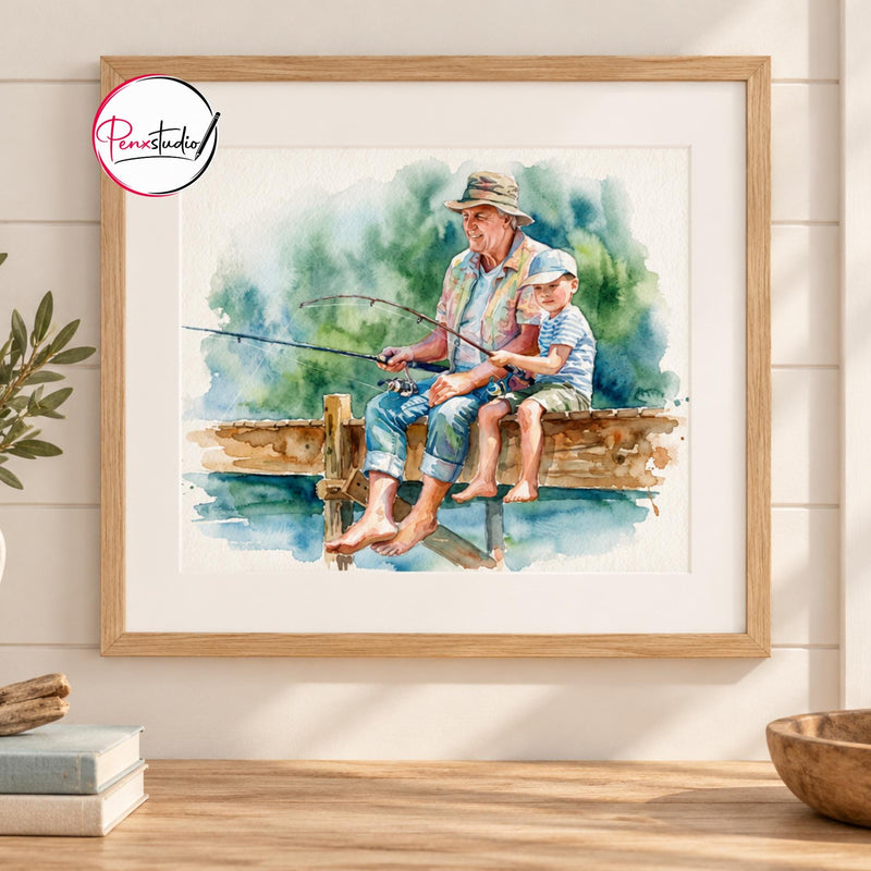 Custom Freshwater Fishing Watercolor Portrait From Photo, Father Son Fishing Gift, Lake Angler Art, Personalized Fisherman Keepsake